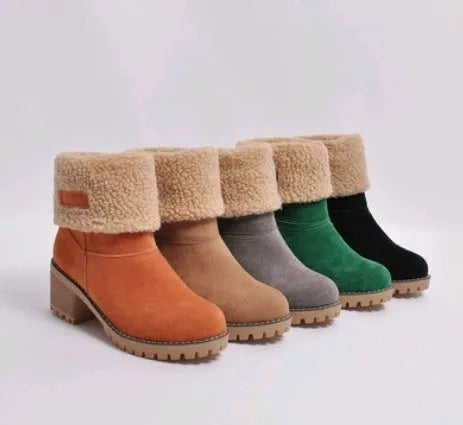 Mid-tube thick heel suede snow boots in black with round toe and low heel, showing wear-resistant soles