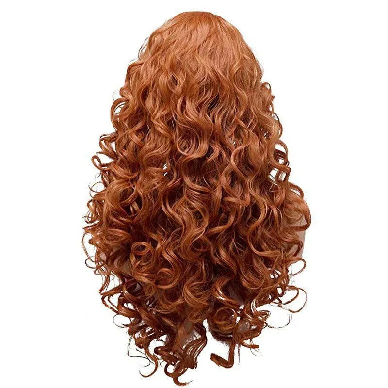 Brown long wavy curly synthetic wig with exotic style on wig head cover