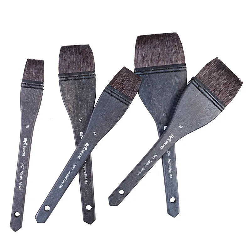 Grey squirrel hair artist brush with wooden handle, shown in five sizes from 30 to 70 number.