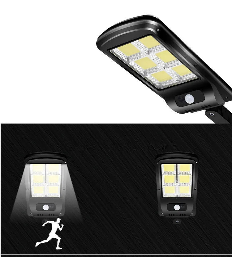 Black solar street light with motion sensor for outdoor gardens, showing PIR detection and solar panel