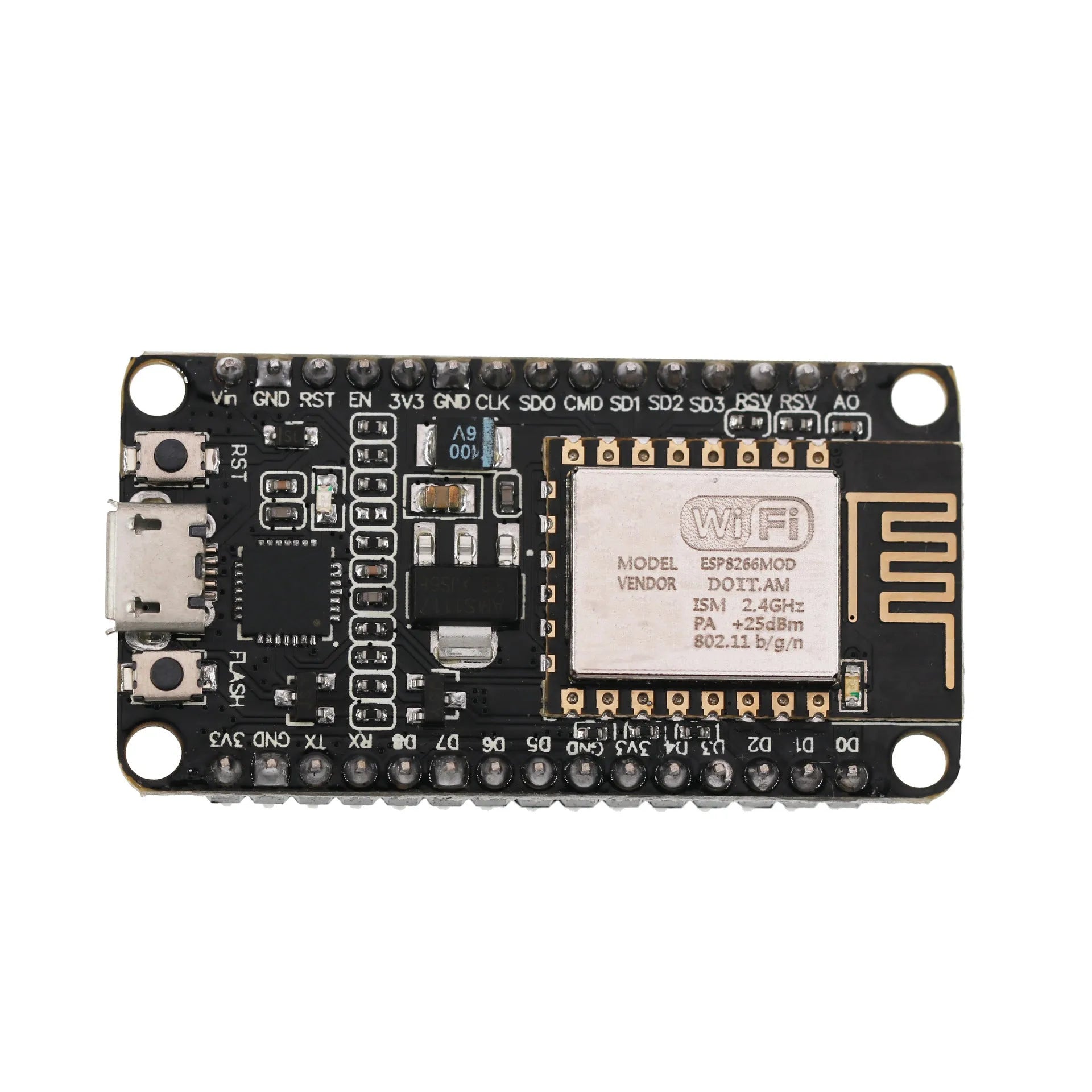 NodeMcu Lua WIFI development board with ESP8266 microcontroller and CH340G USB interface.