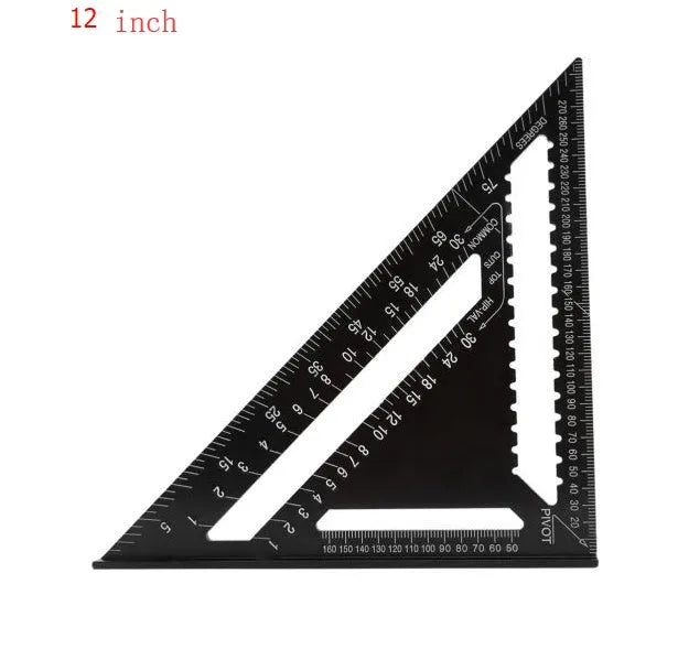 Black aluminium triangle ruler square showing 90 and 45 degree angles with metric and imperial scale markings.