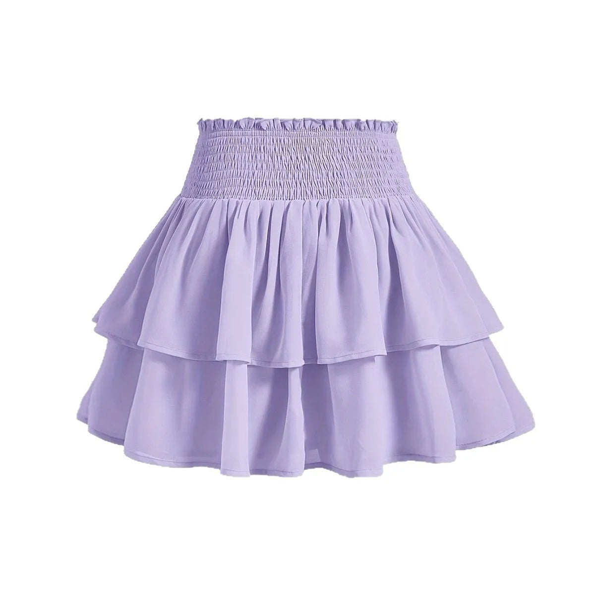 Puff short A-line skirt with high waist and ruffles, shown in purple or yellow, sizes S-XXL.