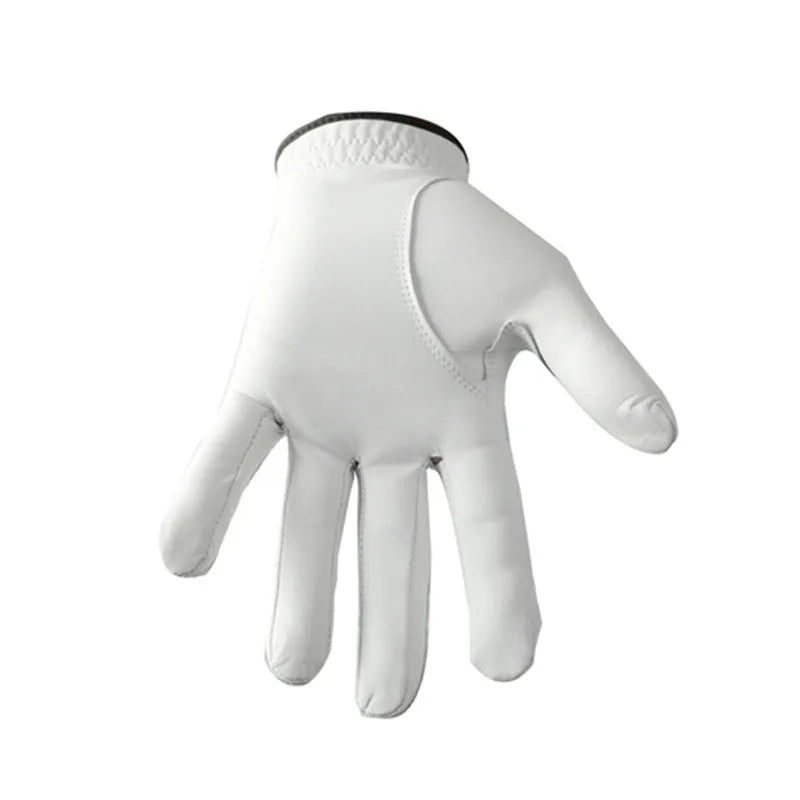 White half sheepskin golf glove for men with non-slip grip, shown in size options 22-26