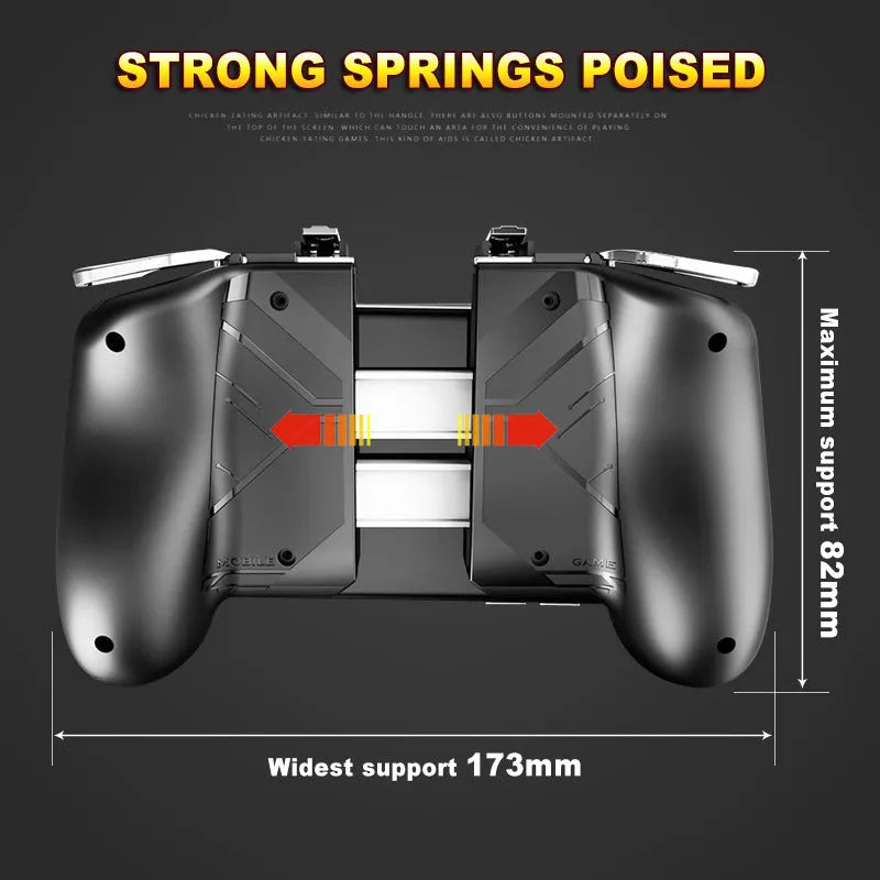 Black telescopic mobile game controller handle holding a smartphone with rubber grips visible.