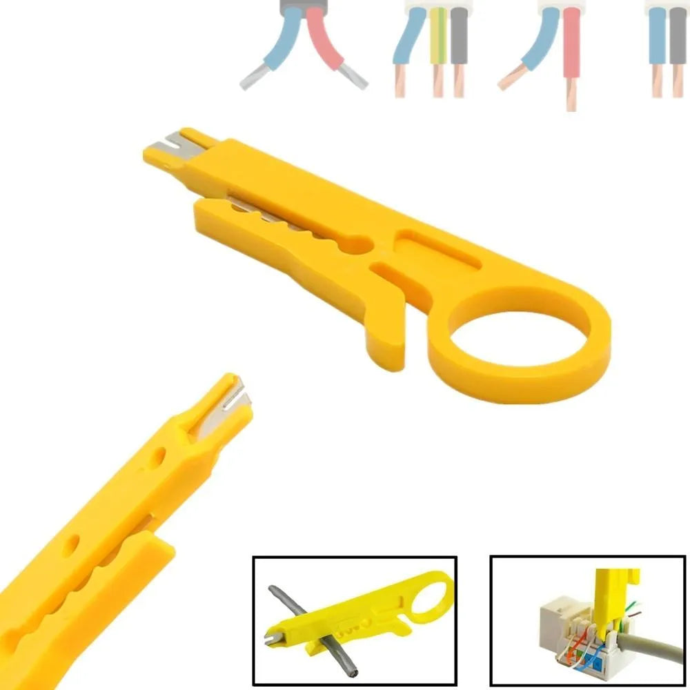 Yellowish rubber wire stripper tool for 0.6mm diameter wires with snap-in metal mechanism