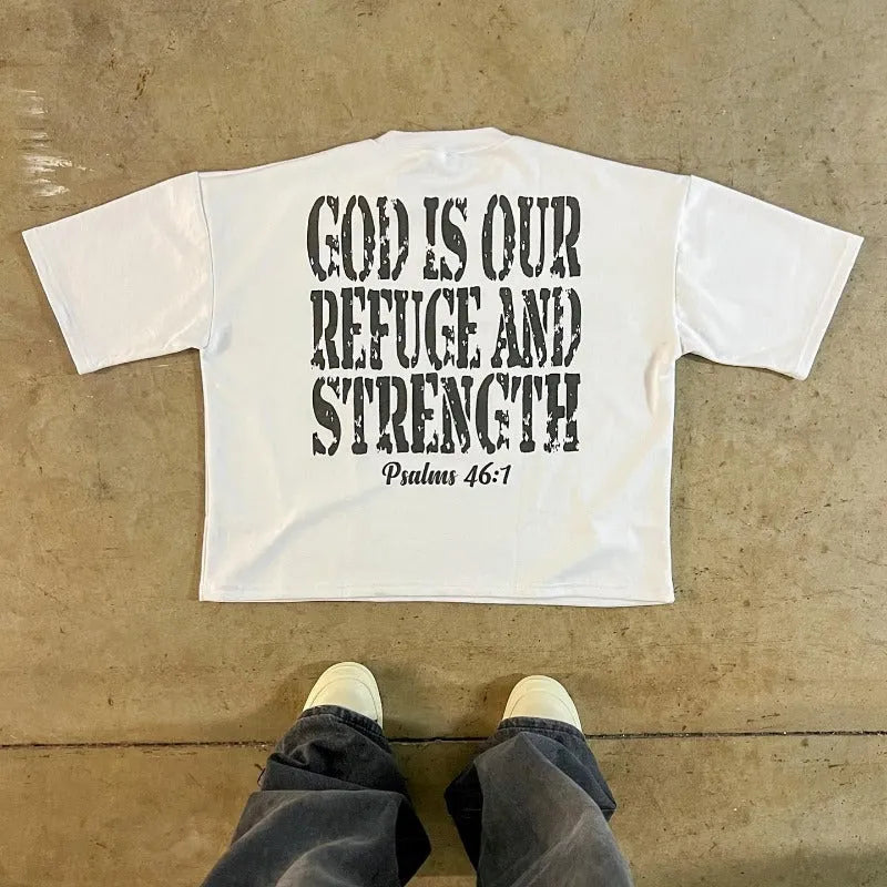Printed cotton short sleeve t-shirt in retro street style with drop-shoulder sleeves and contrast colour design