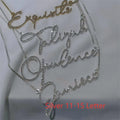 Personalised stainless steel name necklace with diamond-studded letters on a chain, shown in rose gold.