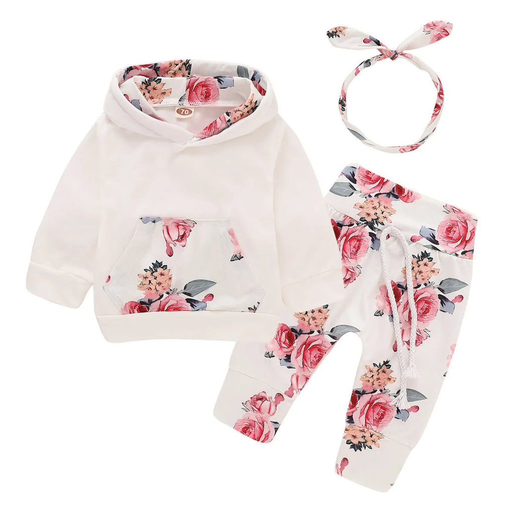 White cotton hooded pants suit for baby girl with long sleeves and trousers