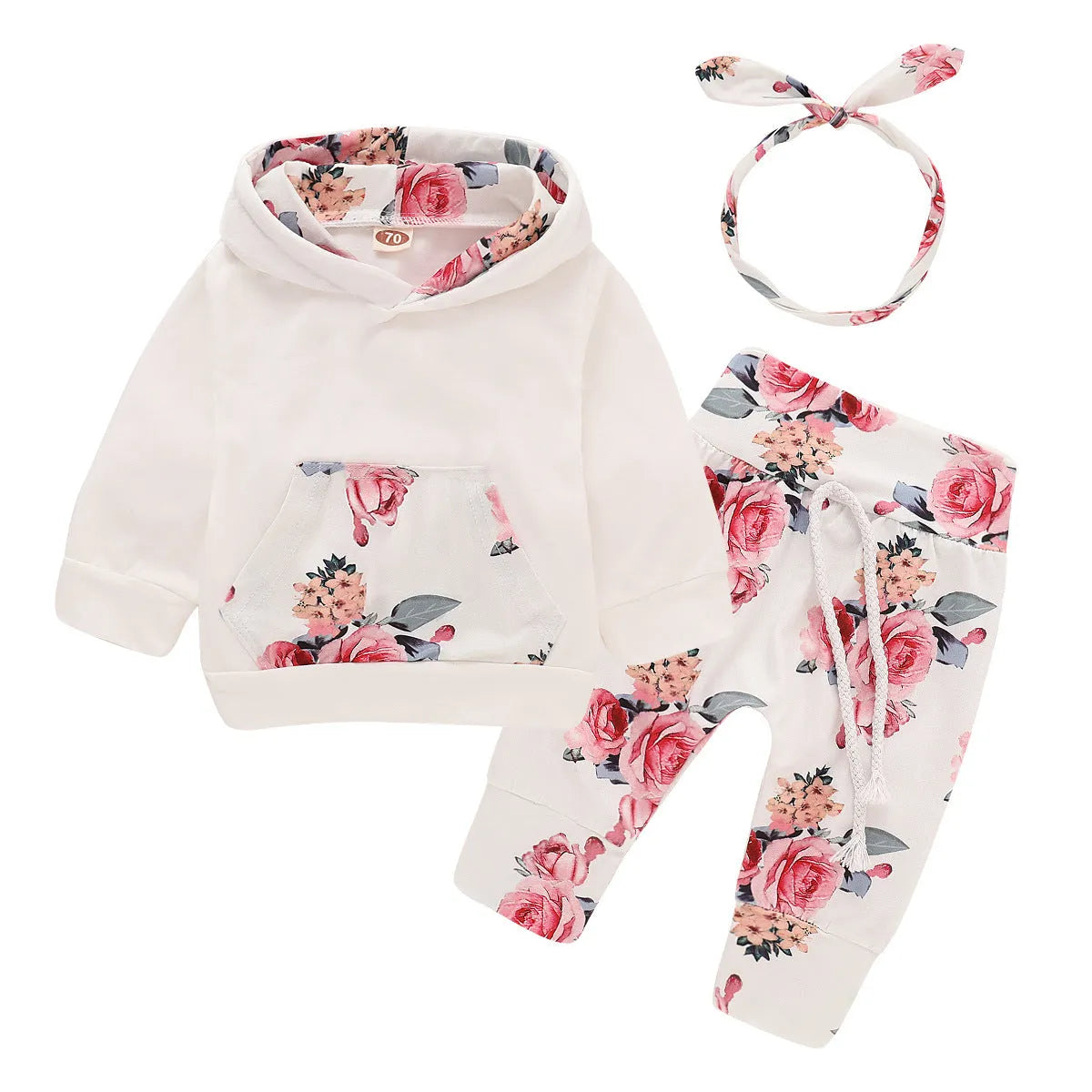 White cotton hooded pants suit for baby girl with long sleeves and trousers