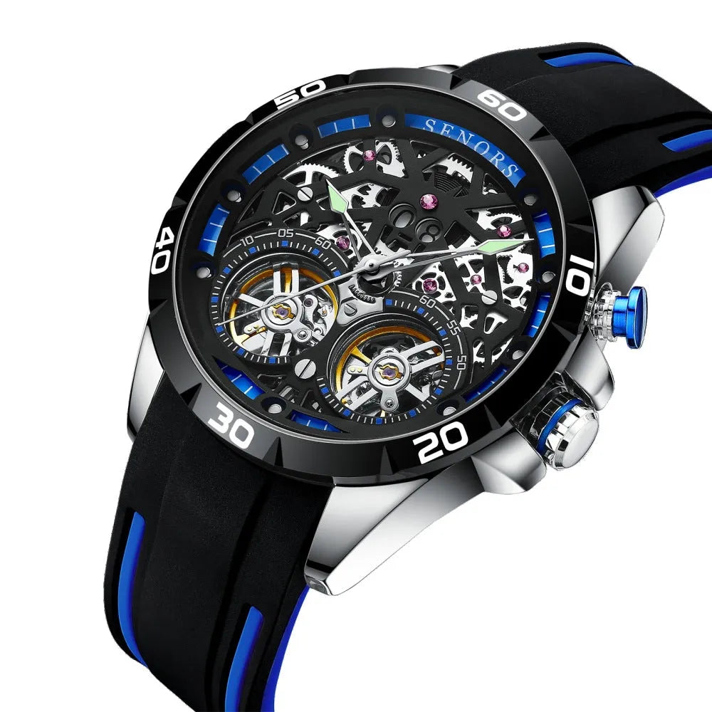 Automatic mechanical men's watch with luminous hollow dial in blue or red, 14mm thickness