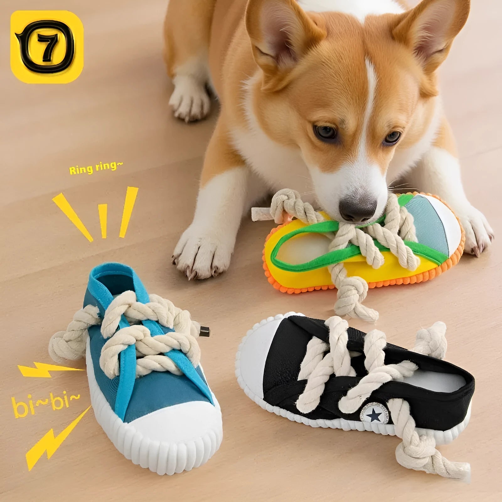 Plastic dog chew toy with bendy design and squeaker in yellow, black, and blue colour options