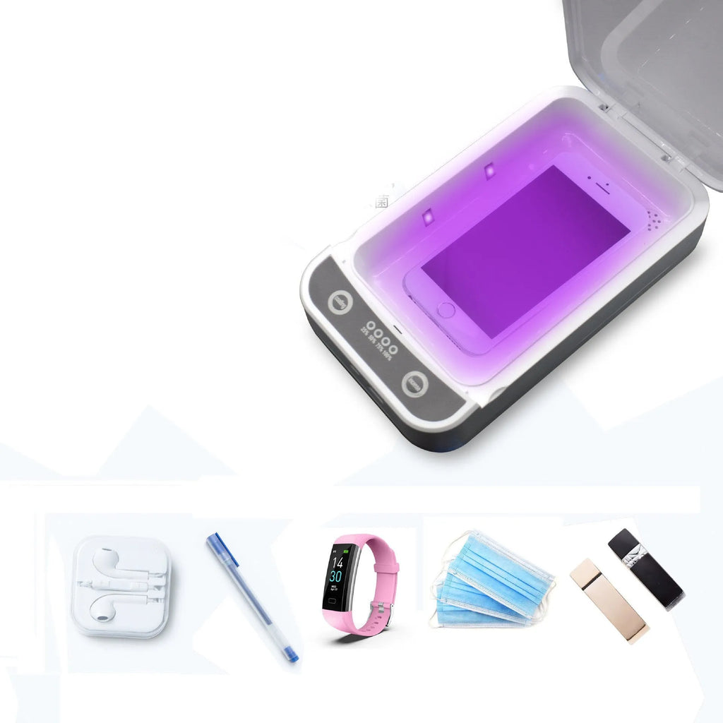 White portable UV disinfection box with lid open, showing internal chamber and UV lamps