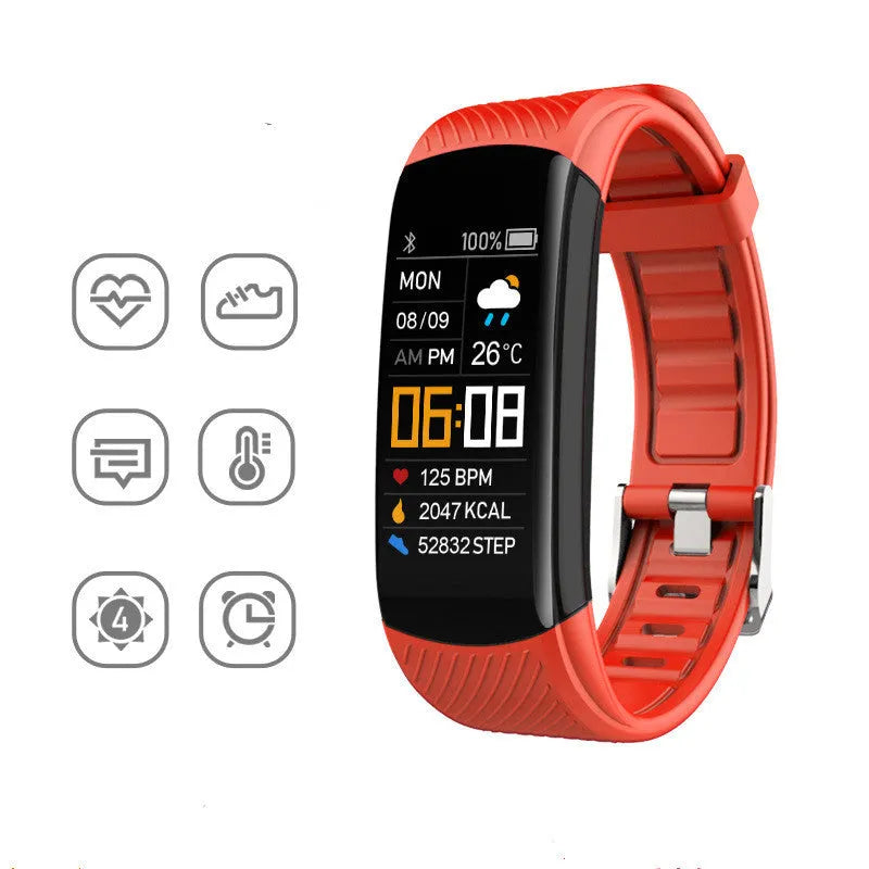 Black TPU pedometer bracelet with 0.96-inch touchscreen displaying step count on wrist