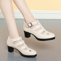 Women's beige closed toe sandals with chunky heel, woven hollowed upper, and ankle strap buckle.