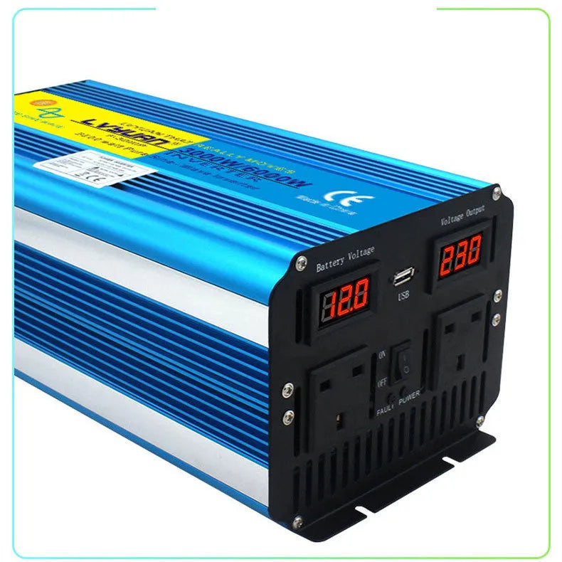 Blue 3000W car power inverter with digital display and UK socket