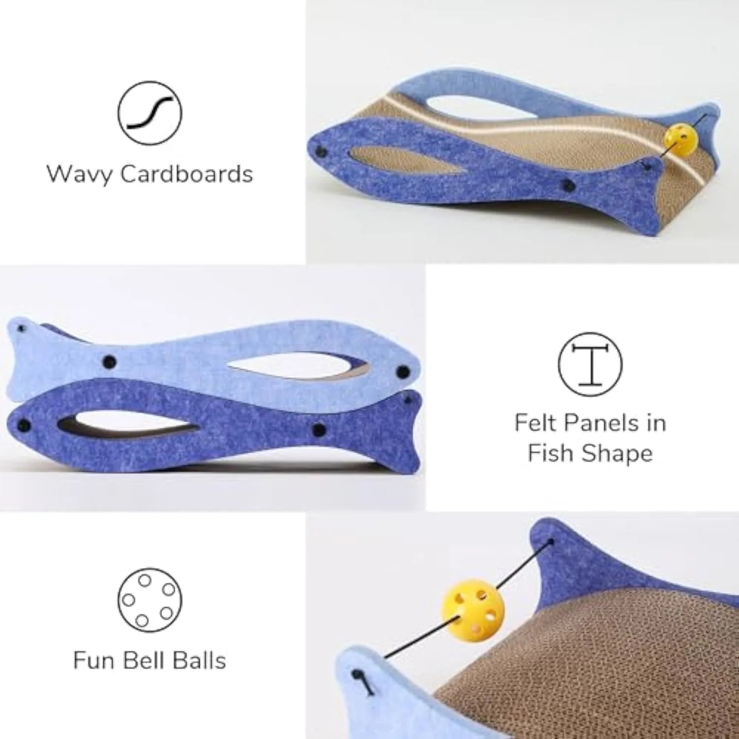 Blue fish-shaped cat scratcher with bell ball toy on elastic cord, dimensions 46x25x10cm