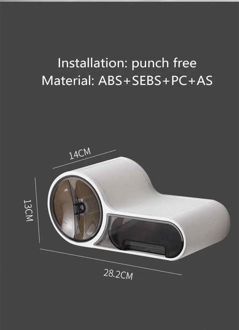 White plastic free-standing toilet roll holder with a curved design on a bathroom surface.