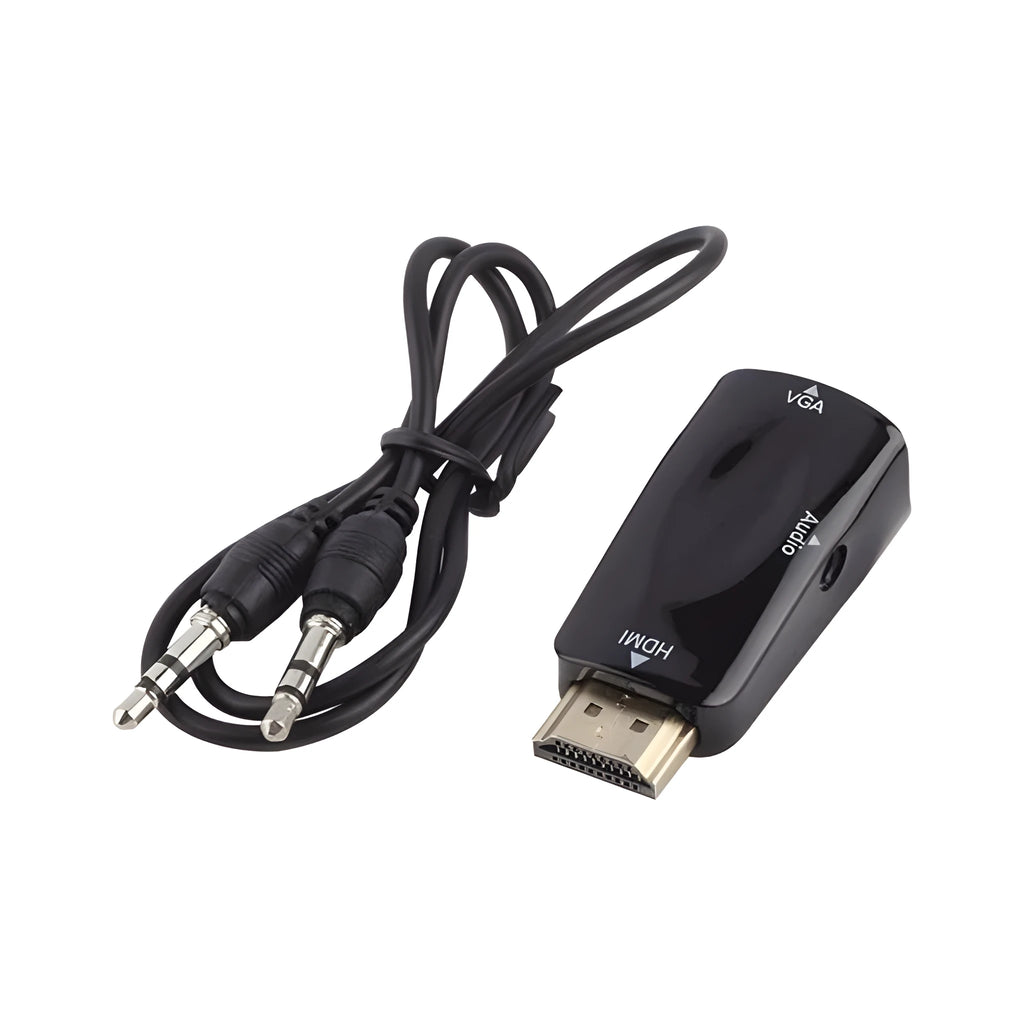 Black HDMI to VGA plug adapter showing male HDMI connector and female VGA port.