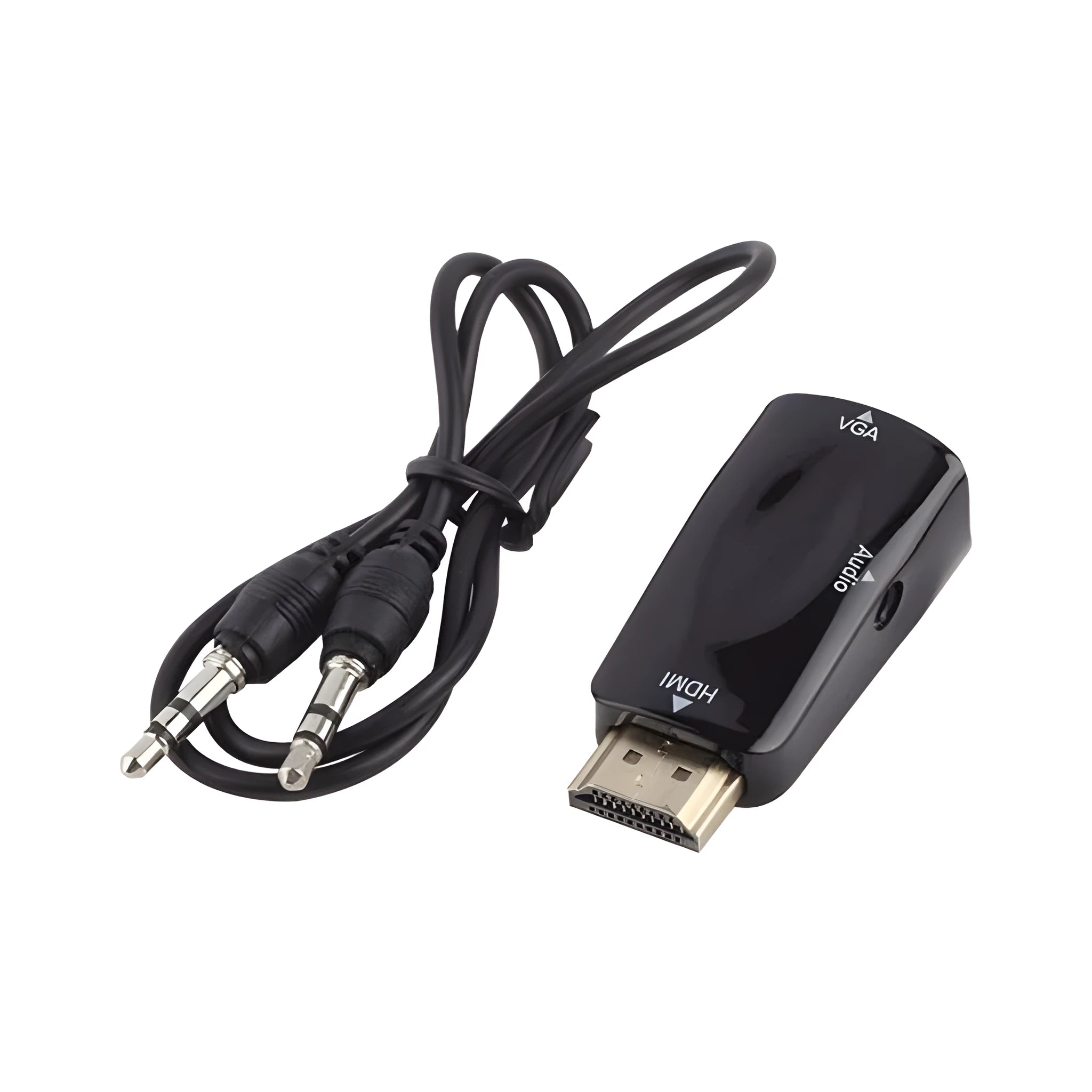 Black HDMI to VGA plug adapter showing male HDMI connector and female VGA port.