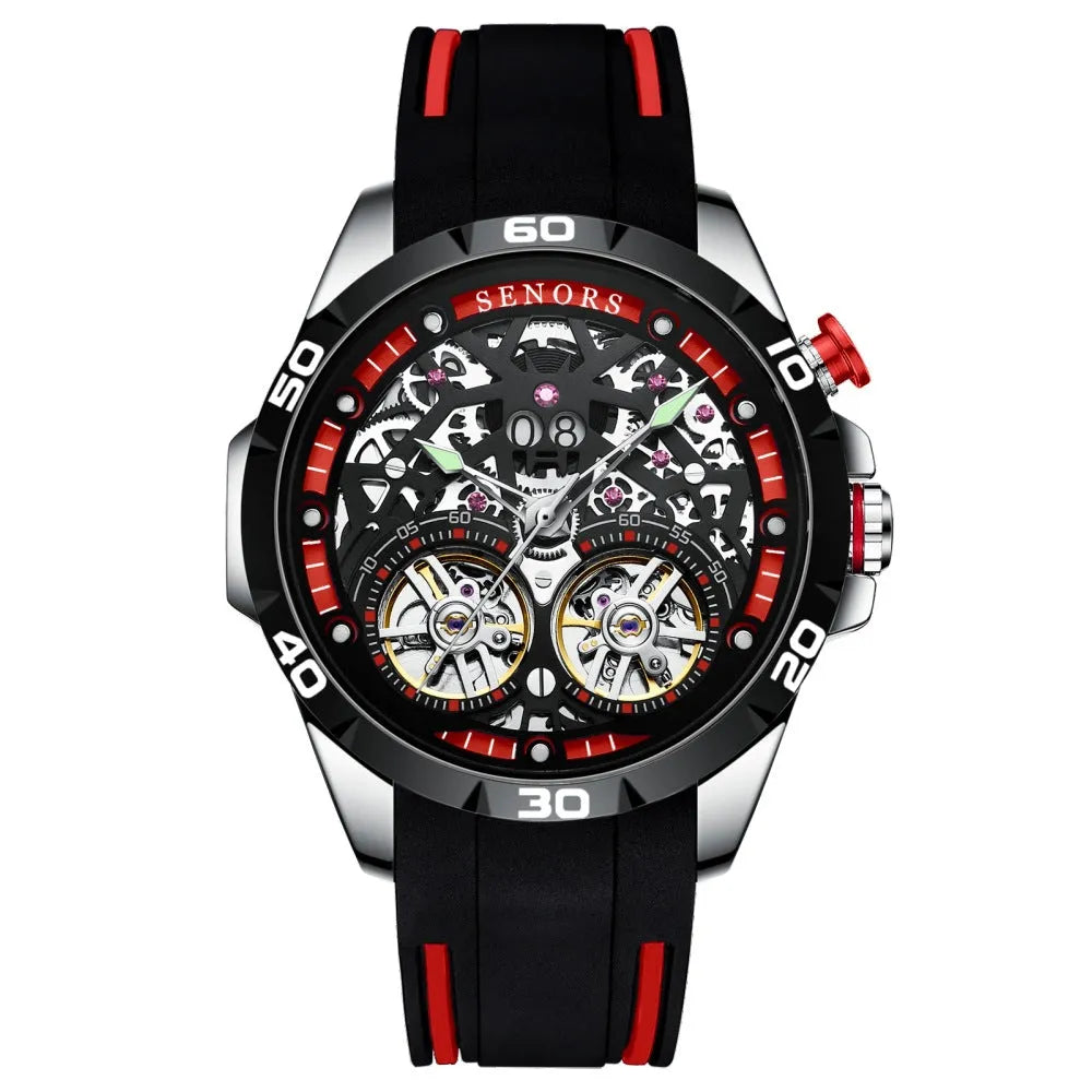 Automatic mechanical men's watch with luminous hollow dial in blue or red, 14mm thickness