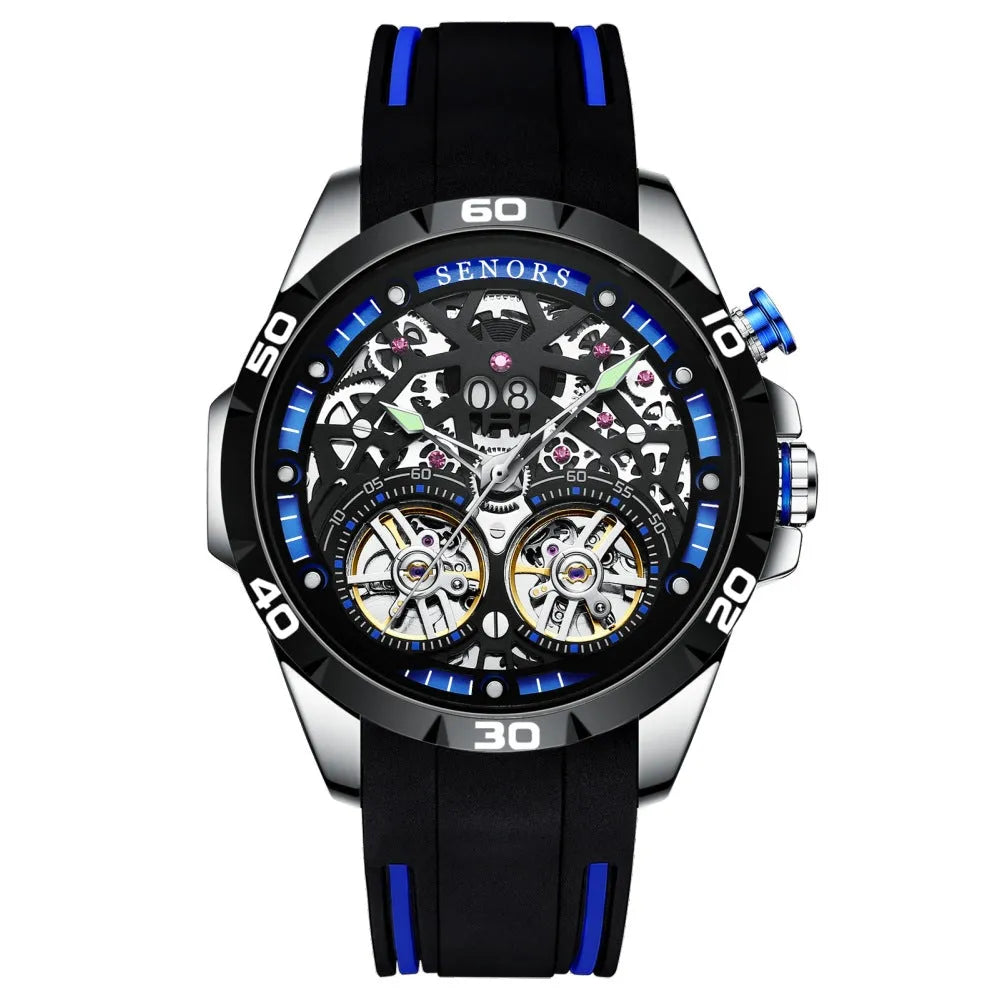 Automatic mechanical men's watch with luminous hollow dial in blue or red, 14mm thickness