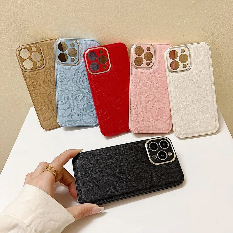 Camellia leather pattern phone case with soft edge and hard back for iPhone 11 to 15 Pro Max