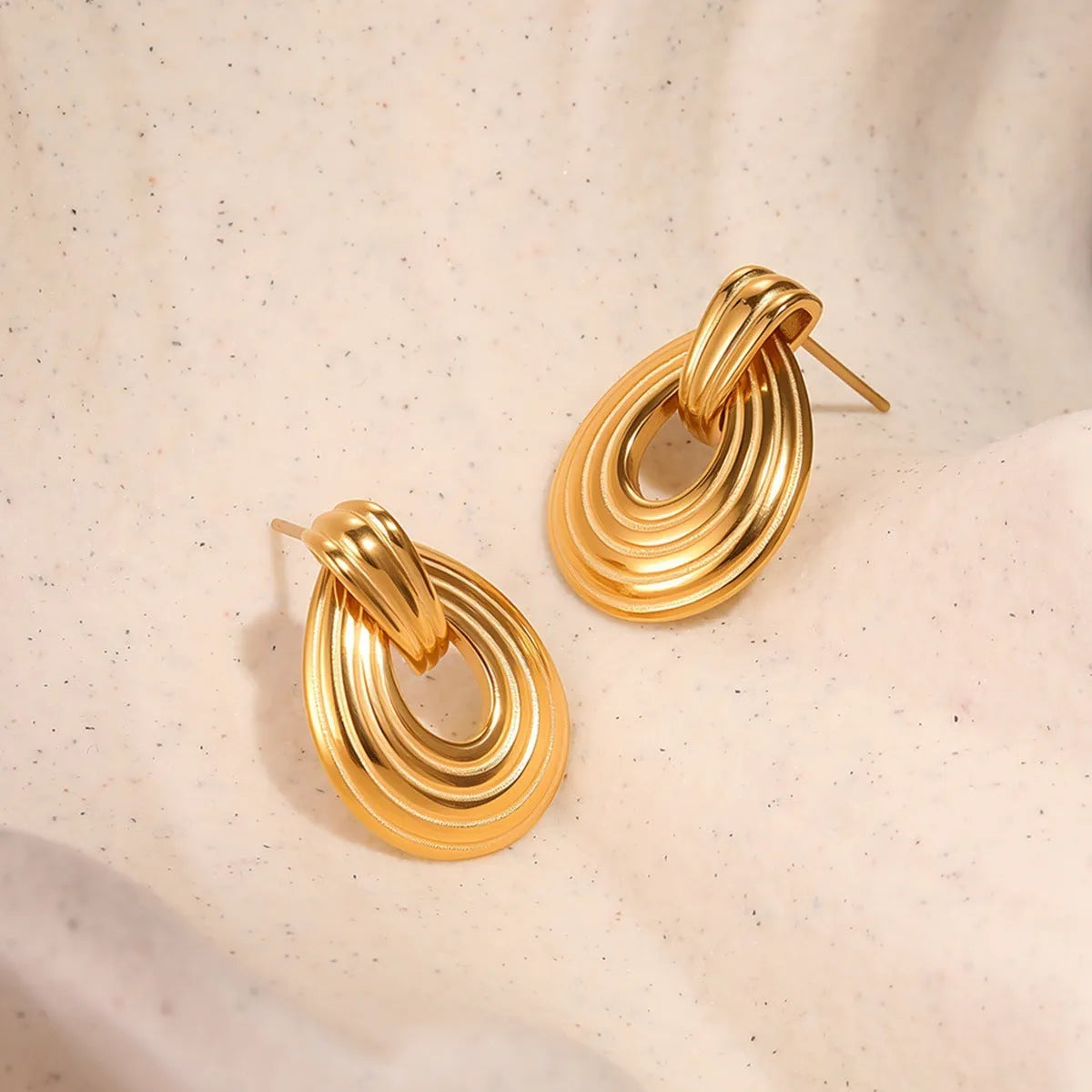 18K gold plated stainless steel ring texture earrings for women, non-fading geometric fashion OL design