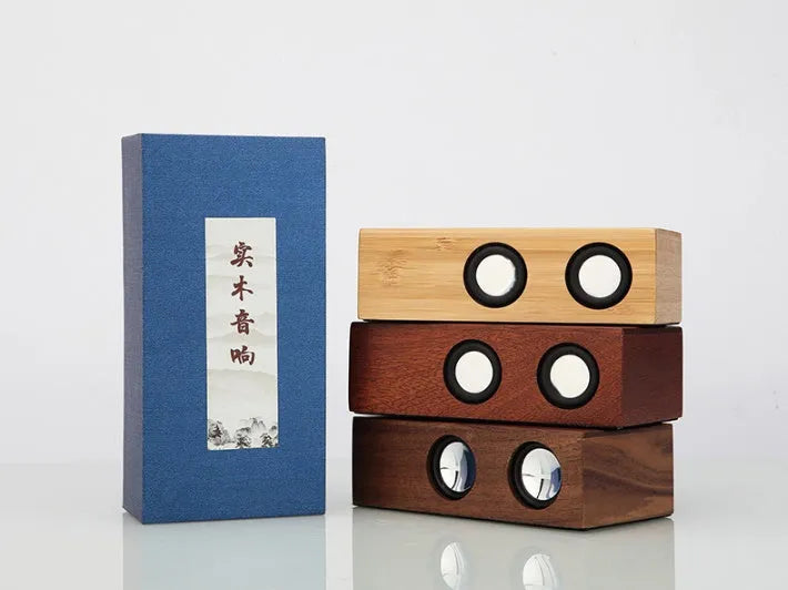 Retro wooden Bluetooth speaker in bamboo finish showing USB port and compact 15cm design