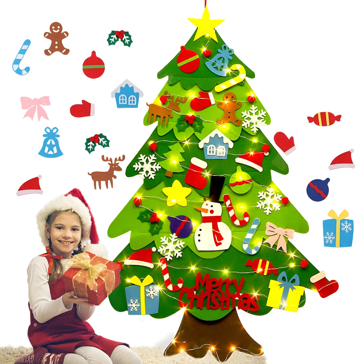 Green DIY felt Christmas tree with fairy-tale lights mounted on wall with decorative ornaments