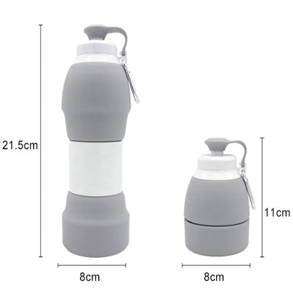 Blue silicone folding water bottle shown full at 22cm tall and folded flat at 11cm tall