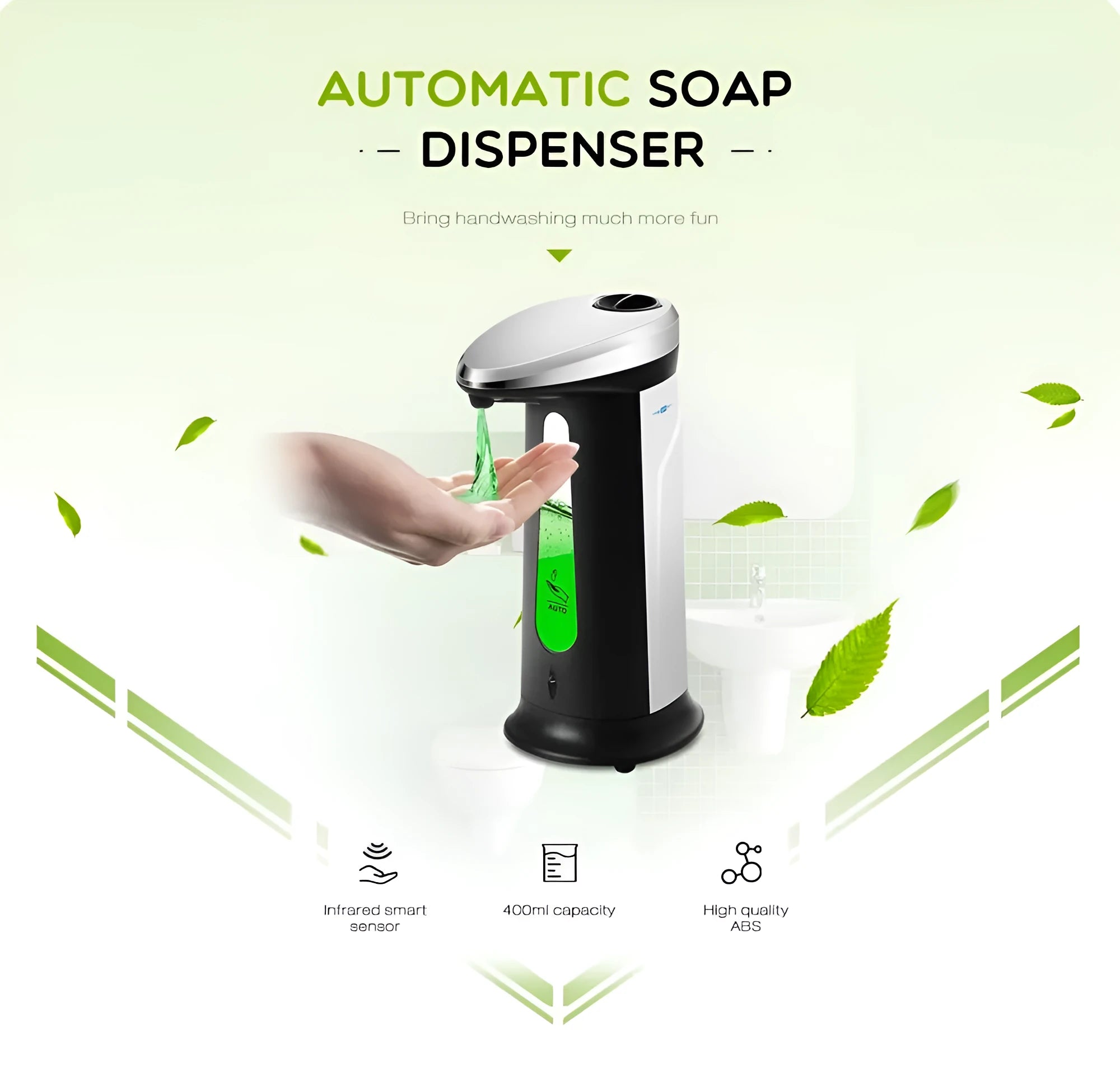 Black automatic liquid soap dispenser with smart sensor, 400ml capacity, non-drip design