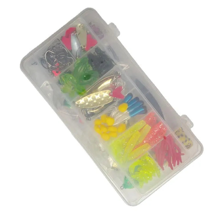 Lure Suit 142 pieces with fishing pliers, metal lures, plastic baits, and hard mino sequins arranged in tackle box