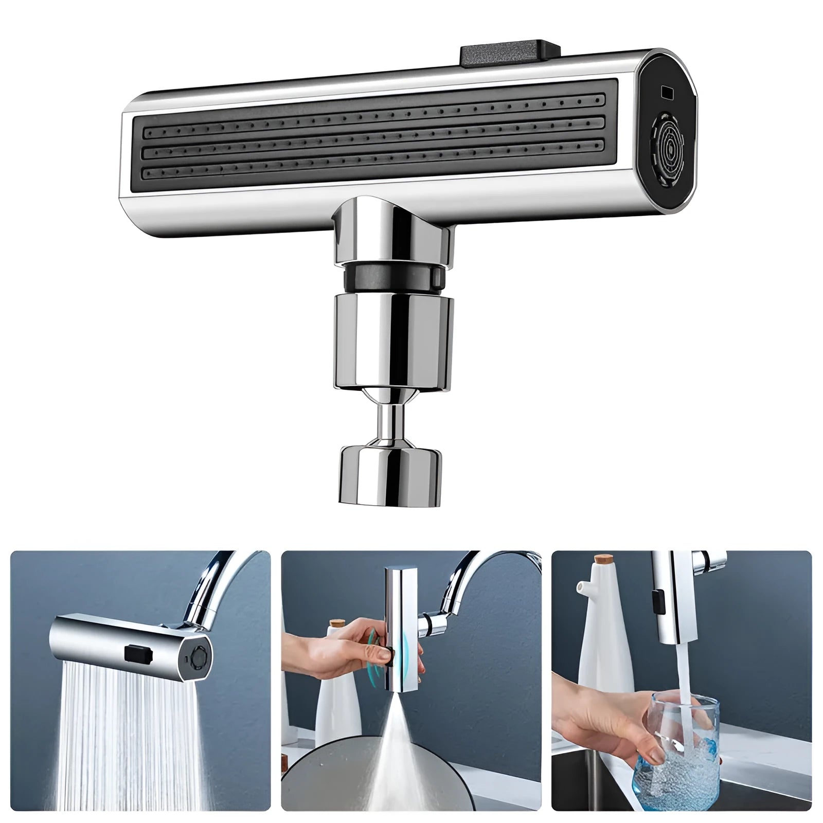 Black kitchen faucet nozzle extension with rotating joint and waterfall spray outlet