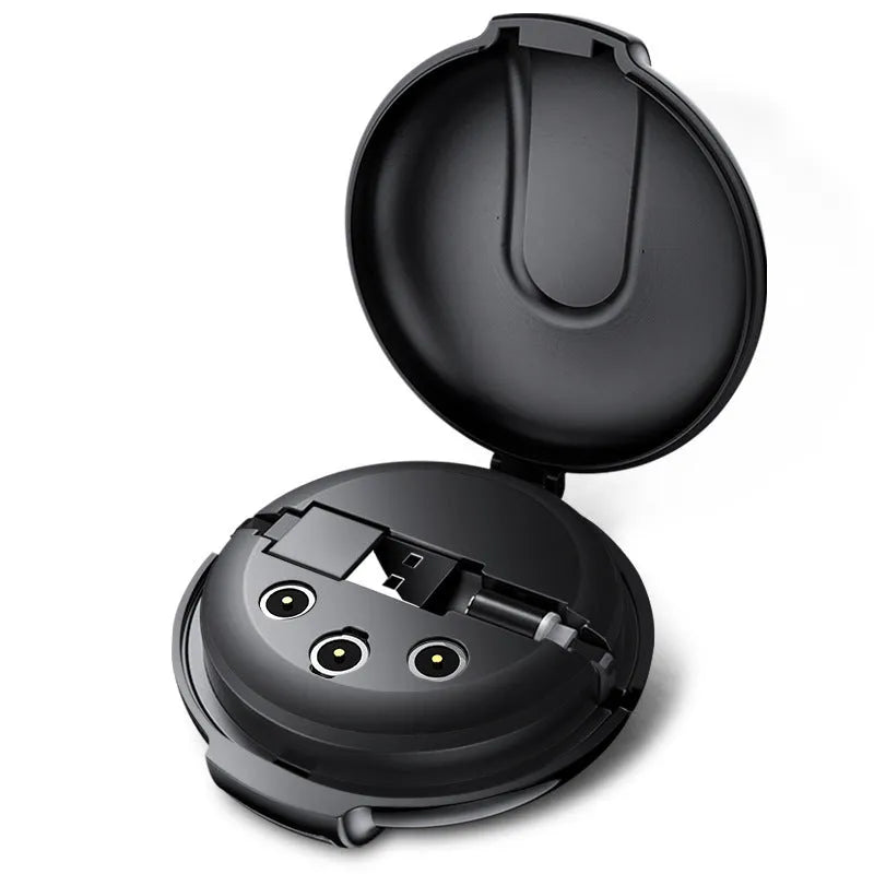 Black 3-in-1 magnetic retractable car phone charger with triple plugs and 1 metre cable