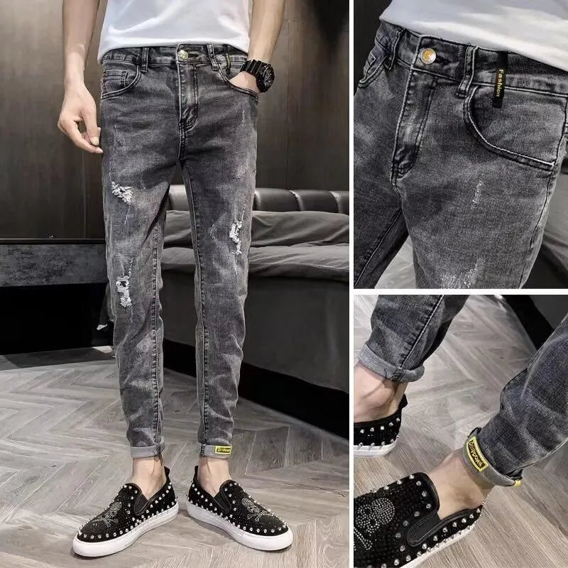 Men's high-waisted cotton denim jeans in a basic style with a button fly.