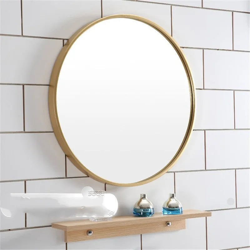 Round bathroom wall mirror with metal frame in black, gold or white colour options