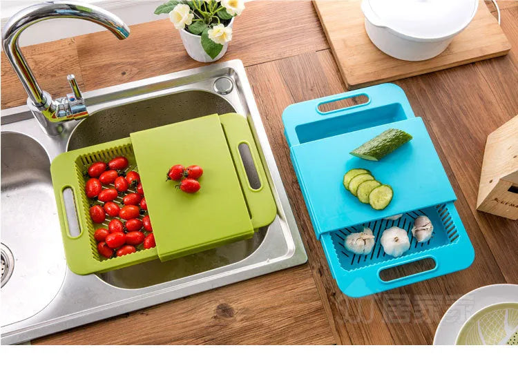 Multifunction kitchen chopping board with integrated sink drain basket in various colour options