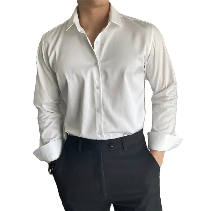 Men's slim fit Korean-style cardigan shirt in solid colour, available in dark grey, black, or white.