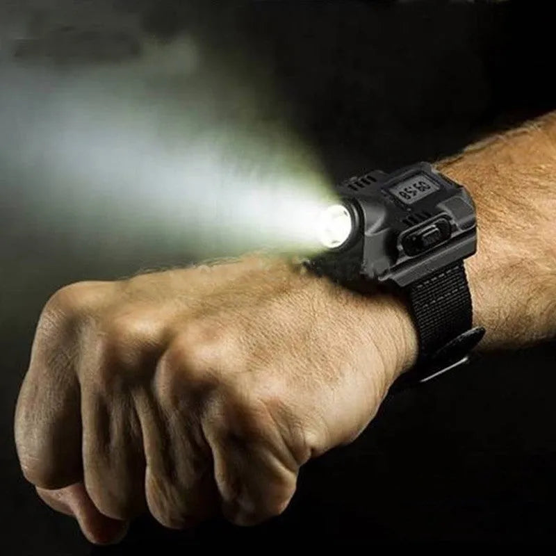 LED display wrist watch tactical flashlight with adjustable nylon wristband and USB cable