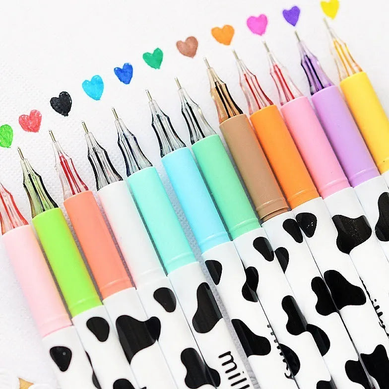 Cow colour gel pen with 0.38mm tip showing 12 different ink colours in plastic shells