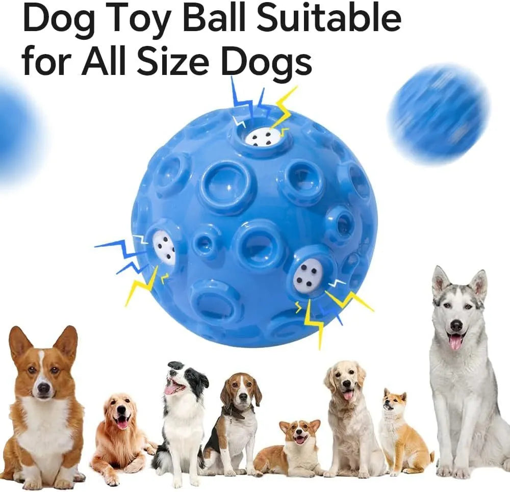 Dog toy ball in black, blue, green, orange, or yellow with squeaky sound generator and teeth-cleaning bumps