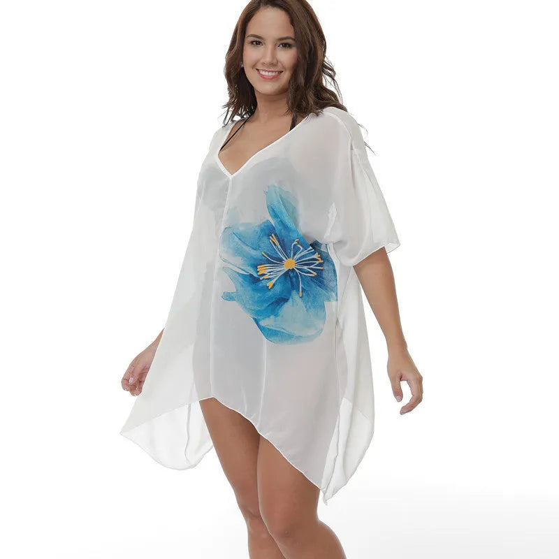 White plus size beach cover-up blouse with loose fit for swimming and wading activities