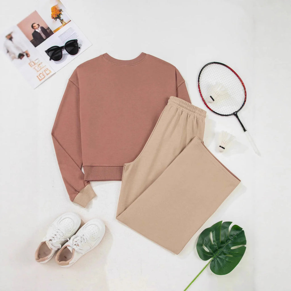 Women's camel-coloured cotton sports and leisure matching suit with top and trousers