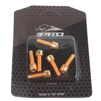 Six stainless steel mountain bike riser screws in various colours on card packaging