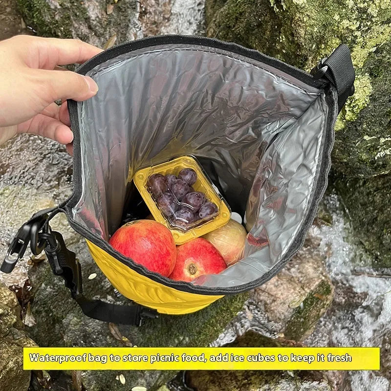 Yellow and black waterproof outdoor backpack with 20L capacity and dry-wet separation compartments.