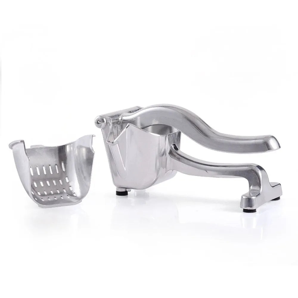 Silver heavy-duty aluminium and steel lemon squeezer with large bowl and lever.