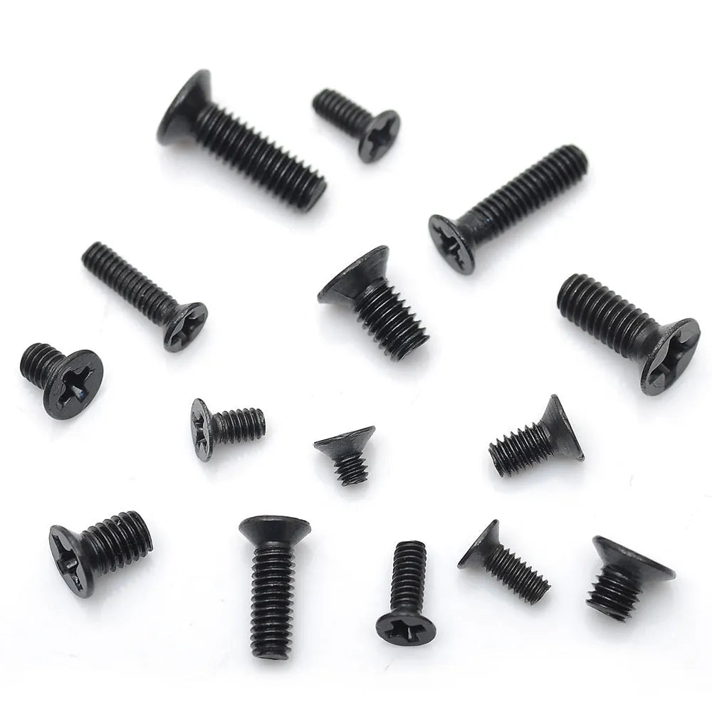 Black carbon steel countersunk head machine screws for laptop repair, 1.4mm diameter.