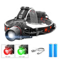 T6 LED headlamp with zoomable head, showing white, red, and green light options, powered by 18650 batteries