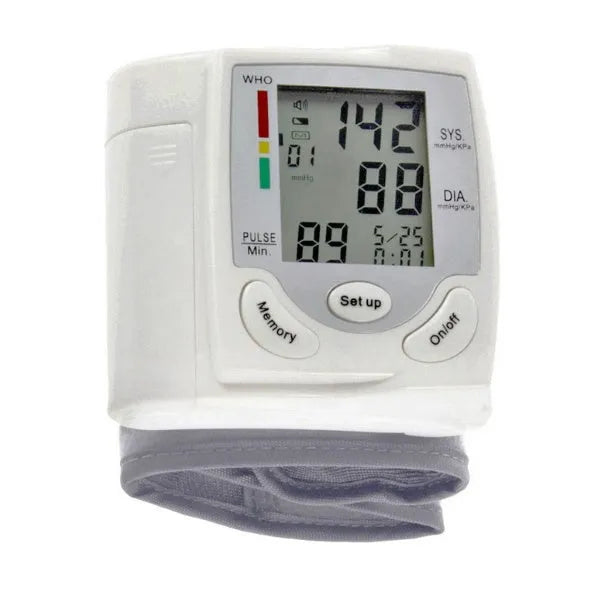 Grey portable wrist blood pressure monitor with digital display showing 70mm dimensions